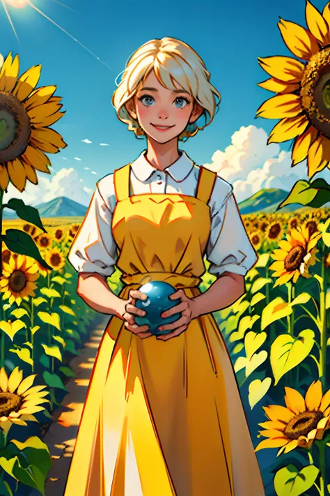 A smiling young girl, holding a glowing orb at her waist, wearing a white pinafore dress, standing in a summertime landscape, background is a neat, straight row of sunflowers, mood is happy, innocent, intelligent, daytime light, character design.