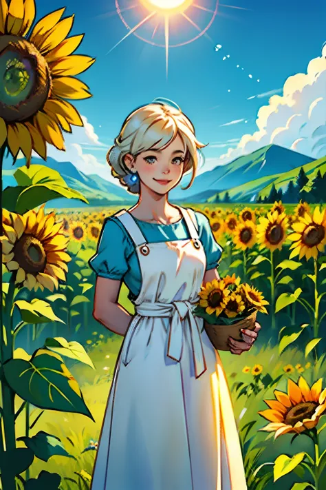 A smiling young girl, holding a glowing orb at her waist, wearing a white pinafore dress, standing in a summertime landscape, background is a neat, straight row of sunflowers, mood is happy, innocent, intelligent, daytime light, character design.