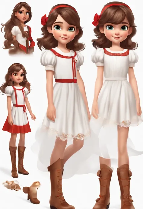 a child character with long brown hair and bangs, golden eyes and wearing a childs dress and brown boots, different angles, in the style of Miraculous Ladybug, character sheet, white background --ar 4:2, character poses