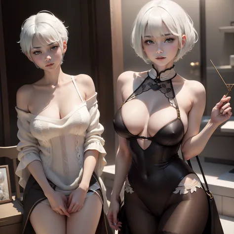 (masuter piece:1.3)、(8K、Photorealsitic、Raw photography、top-quality: 1.4)、(1girl in)、beautiful countenance、(Lifelike face)、(((white  hair、short-hair:1.3)))、Beautiful hairstyle、realisticeyes、Beautiful details、（real looking skin）、Beautiful skins、(((knit)))、ab...