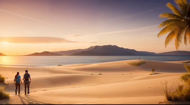 a happy woman on desert island, golden hour, masterpiece, hdr, uhd, 64k, highly detailed, professional photography, trending on ...