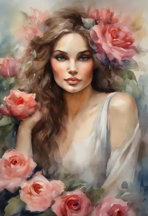 (obra-prima, mejor calidad),1Chica morena con cabello oscuro sentada en un sillon de plantas y flores rosas, la mano debajo de la barbilla, warm lighting, vestido celeste, primer plano borroso