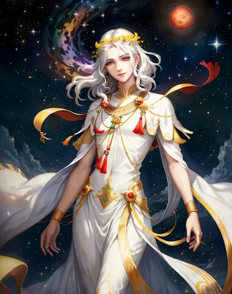 extremely detailed, hyper detailed, (PERFECT FACE), ((detailed eyes)) illustration, low lighting, 2d, intricate, detailed eyes, sexy, toned, (outside), White hair, red eyes. Surrounded by yellow, black and green nebulae, stars, sidereal winds and planets. ...