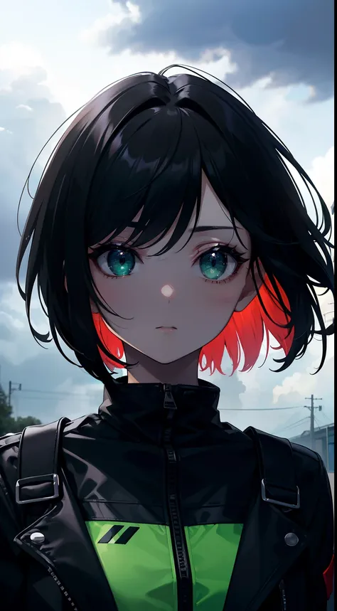 (Masterpiece, Best quality, ultra high resolution),1girl,short hair,black hair,jacket,(multicolor jacket green and black),looking at the viewer,focus on the girl,cloudy sky,beautiful and detailed face, detailed eyes,grey and black theme