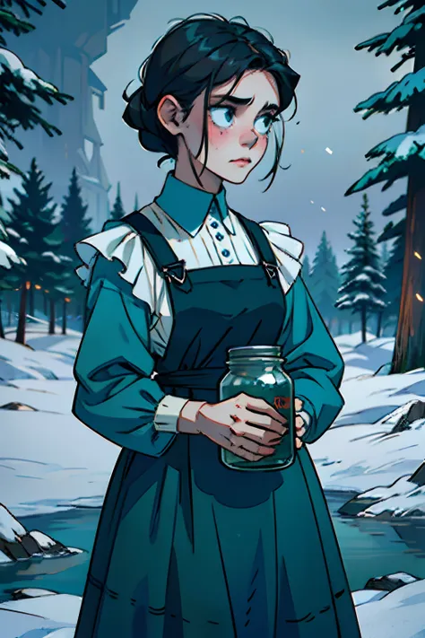 A spooky zombie girl with a dead stare, wearing a black pinafore dress, standing in the snow, holding an empty jar in her arms, background is wintery pine trees, dark eerie light, with an old tattered doll in the snow, mood is silent, sad, character design...