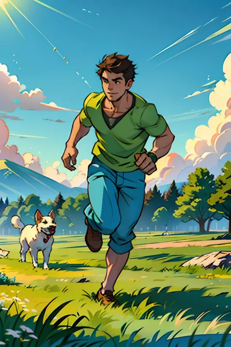 A young man, running across a field of green grass, with a small dog, background is a farm, mood is exciting, motivated, daytime light, character design.