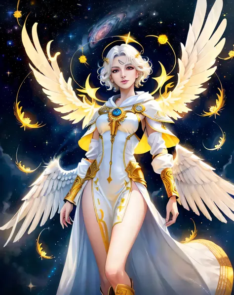 extremely detailed, hyper detailed, (PERFECT FACE), ((detailed eyes)) illustration, low lighting, 2d, intricate, detailed eyes, sexy, toned, (outside), White hair, red eyes. Surrounded by yellow, black and green nebulae, stars, sidereal winds and planets. ...