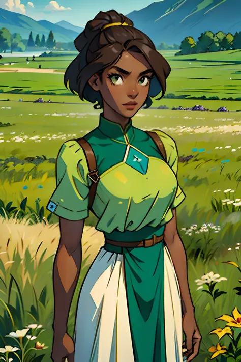 A dark skinned woman, looking through binoculars, background is open field of green grass, mood is harmonious, balanced, revealing, clear, obvious, character design.