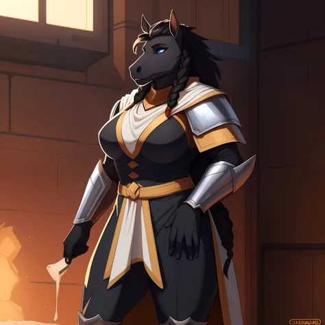 muscular_mature_horse female black_mane long_single_braid dark_gray_furry_body blue_eyes scarred_body heavy_plate_armor surcoat tabard solo Masterpiece best_quality absurdres highly_detailed cleanly_drawn_eyes anthro_only by_claweddrip, by_greasymojo, by_u...