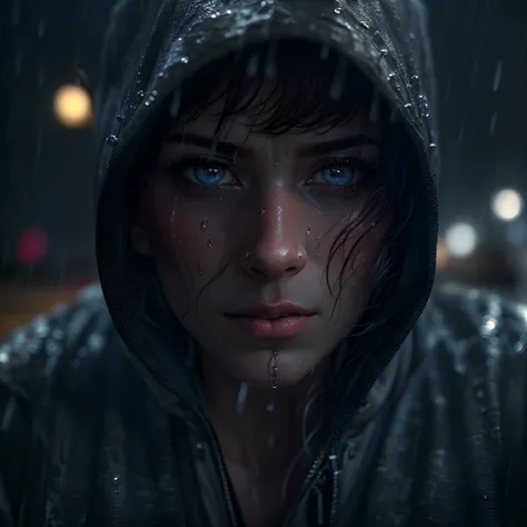 (best quality,4k,8k,highres,masterpiece:1.2),ultra-detailed,(realistic,photorealistic,photo-realistic:1.37),close-up face,rainy night,hoodie with tear,mans face,half face,rainy ambiance,moody lighting,tear rolling down,deep emotions,detailed eyes,detailed ...