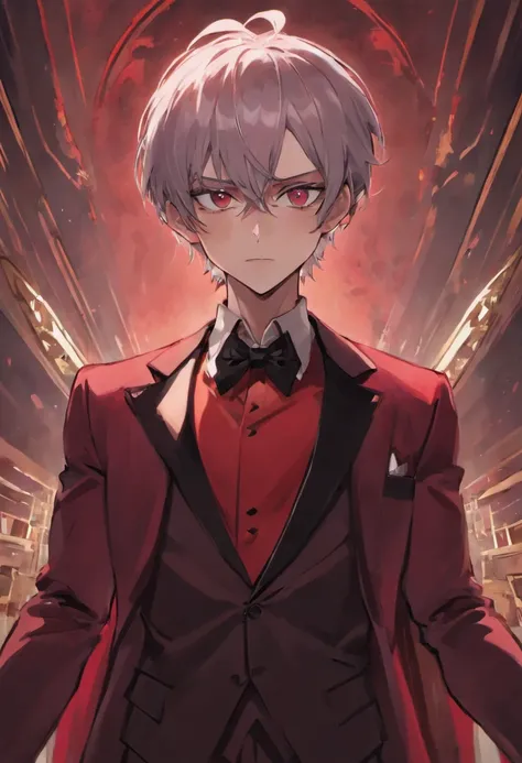 "A charismatic male vampire with a smug expression, sporting a stylish red and black combination tuxedo. He has sleek silver hair, a smart and cunning demeanor, and a laugh that echoes like a psychopath. He exudes an air of villainous charm."