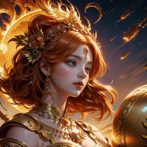 Goddess in ancient mythology，goddess of the sun，Golden-red hair，Beautiful and delicate face，floated hair，offcial art，Extremely detailed ，Dynamic background，8k wallpaper，official aesthetics，Mythological aesthetics