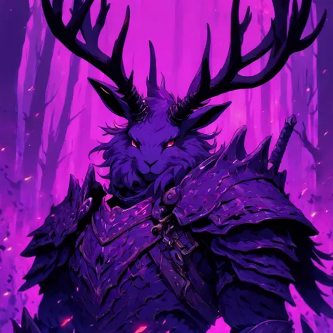 Knight Jackalope, short purple hair, jackalope antlers, dark armor(masterpiece, best quality)