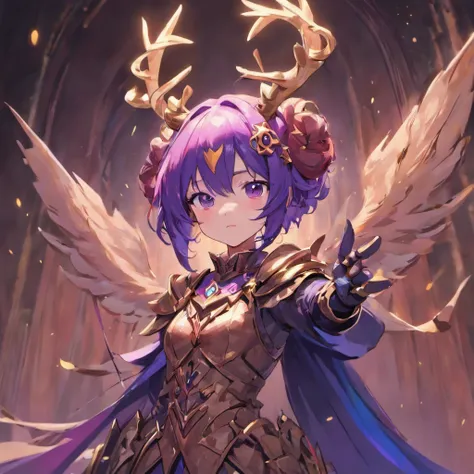 Knight Jackalope, short purple hair, jackalope antlers, dark armor(masterpiece, best quality)