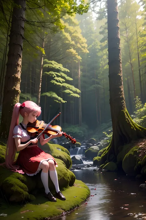 30 year old girl playing the violin,wearing red dress,  In the forest, Anime, Bigchest,She has big eyes, Heir of the twin tails, Pink heir,Cute Girl,maid apronl,Fantasy, Sitting on mushrooms,