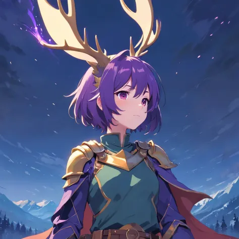 Knight Jackalope, short purple hair, jackalope antlers, dark armor(masterpiece, best quality)