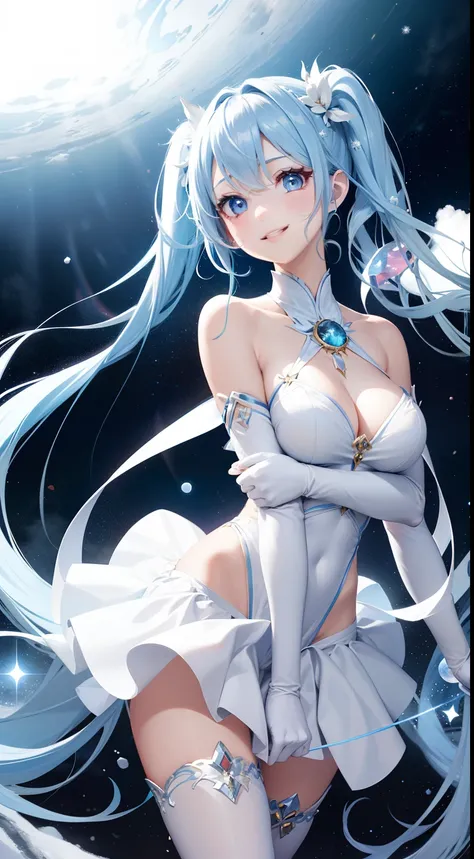 Super Idol　a beauty girl　A charming smile　sky blue hair　length hair　Bright red and white costume　Mystical　Fantasia　constellation　a moon　Crystal brilliance　pigtails

Spirit of Polar Light
World of ice and snow
The power of light and magic
Guardian of nature...