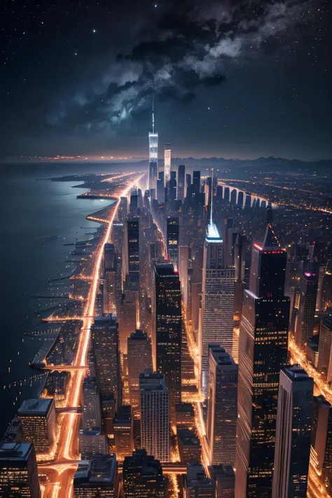 (obra prima) skyline de Nova York, noite, ultradetalhado, ultrarealista, foto wide alngle