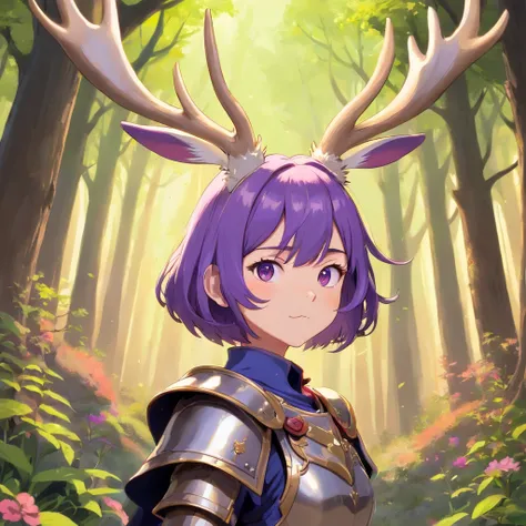 Knight Jackalope, short purple hair, jackalope antlers, dark armor(masterpiece, best quality)