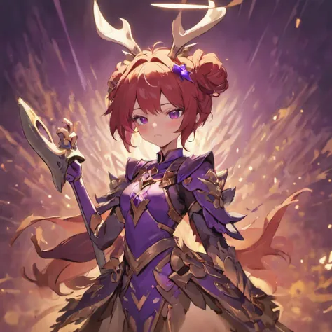 Knight Jackalope, short purple hair, jackalope antlers, dark armor(masterpiece, best quality)