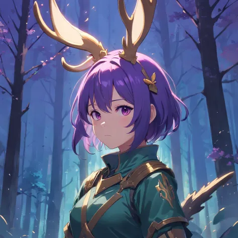 Knight Jackalope, short purple hair, jackalope antlers, dark armor(masterpiece, best quality)