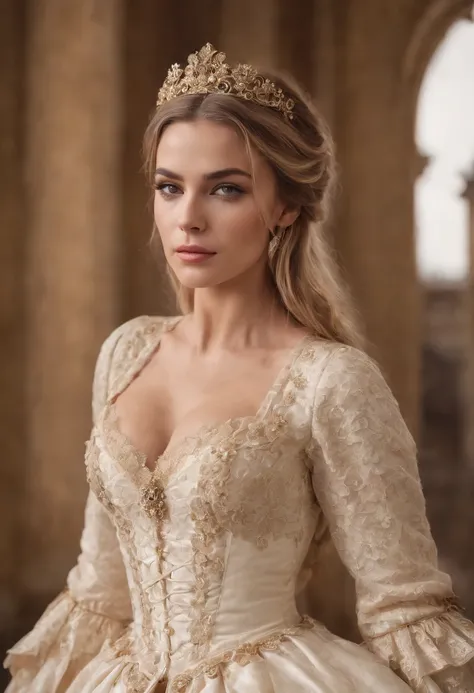 godess, face of carmen electra, woman around 26 years old, blonde, distinctive brown eyes, slender and graceful, beautiful, ultra sharp focus, realistic shot, rococo queen, white royal dress, in victorian aristocrat, intricate victorian dress, dress in the...