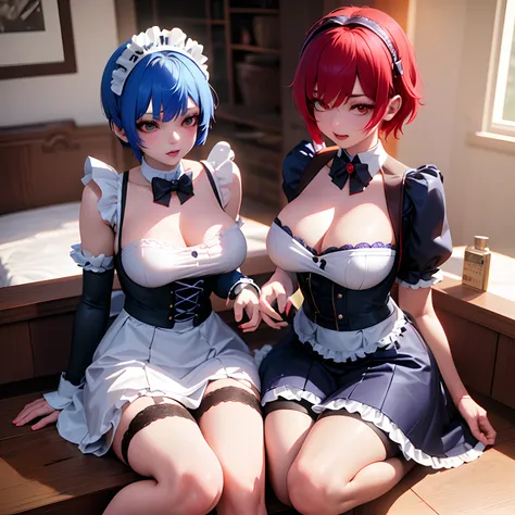 Two women in maid costumes taking pictures in room、(((The woman on the right has blue hair、short-hair:1.3)))、(((The woman on the left has red hair、long:1.3))) wlop and sakimichan, two beautiful anime girls, anime maids riding early tanks, loish and wlop, a...