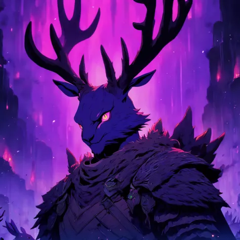 Knight Jackalope, short purple hair, jackalope antlers, dark armor, nightmarish night (masterpiece, best quality)