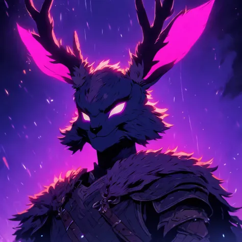 Knight Jackalope, short purple hair, jackalope antlers, dark armor, dark night, (masterpiece, best quality)