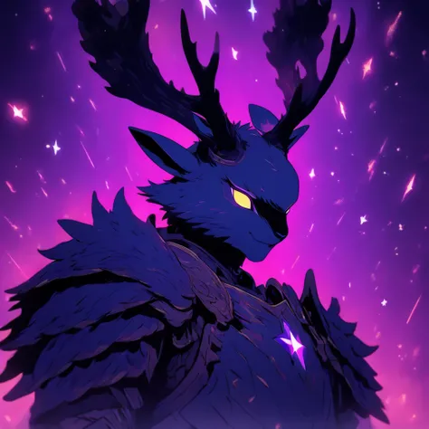 Knight Jackalope, short purple hair, jackalope antlers, dark armor, surrounded by darkness and stars, (masterpiece, best quality)