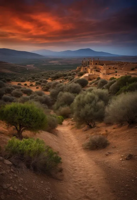 (siniestro:1.1) media luna, paisaje de Andalucia, (Detalles intrincados), (Ultra - detallado), HDR 8K, Alto detalle, Muchos detalles, alta calidad,Efecto Dingdall (coloreado:1.3)