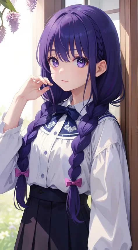 1girl in、photoRealstic、Lilac eyes、darkblue hair、Braids