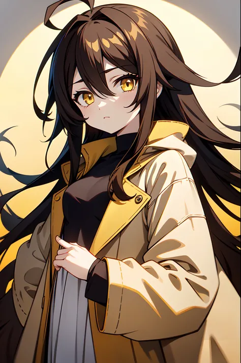 1girl, teen, solo, absurdly long hair, big hair, ahoge, hair bangs, hair between eyes, spiked hair, messy hair, (black hair, yellow hair, gradient hair:1.2), neutral, inexpressive, (small breasts, loli:1.2), yellow eyes, wearing just a simple coat, closed ...