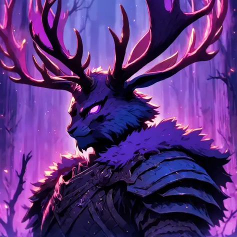 Knight Jackalope, short purple hair, jackalope antlers, dark armor(masterpiece, best quality)