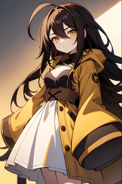 1girl, teen, solo, absurdly long hair, big hair, ahoge, hair bangs, hair between eyes, spiked hair, messy hair, (black hair, yellow hair, gradient hair:1.2), neutral, inexpressive, (small breasts, loli:1.2), yellow eyes, wearing just a simple coat, closed ...