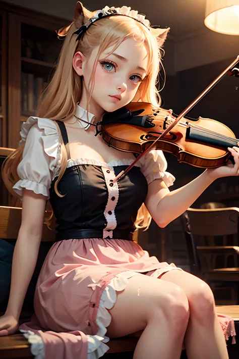 Twin-tailed big eyed teenage woman sitting and playing violin,maid apronl,a blond,pink  dress,sodden,The upper part of the body