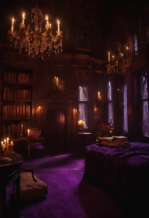 Haunted house, wisterias, purple aura, lanterns, amethyst, books scattered on the floor