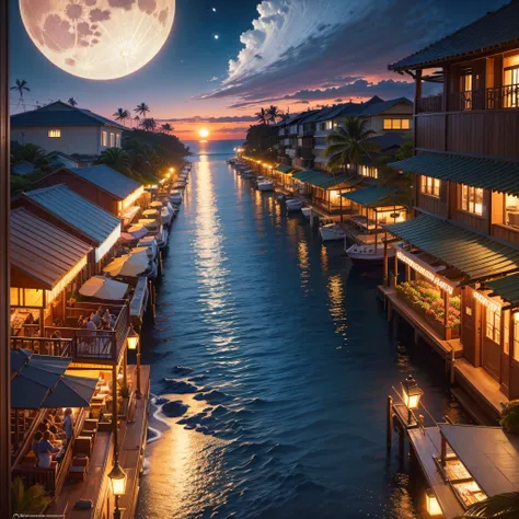 beautiful Hawaii, Lahaina ocean, boats Stores, Galleries, are in view the moon is full night (best quality，ultra - detailed, Illustration，Best shadow，masterpiece，A high resolution，professional artwork，famous artwork, In the style of Christian Riese Lassen ...