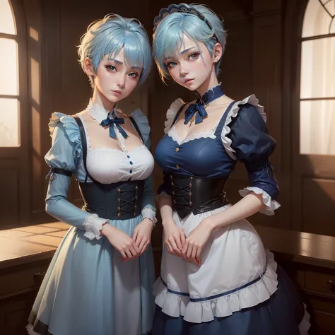 (masuter piece:1.3)、(8K、Photorealsitic、Raw photography、top-quality: 1.4)、(1girl in)、beautiful countenance、(Lifelike face)、(((blue hairs、short-hair:1.3)))、Beautiful hairstyle、realisticeyes、Beautiful details、（real looking skin）、Beautiful skins、(((maid clothe...