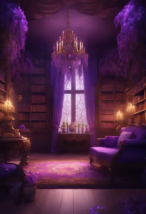 Casa embrujada, glicinias, purple aura, Linternas, amatista, Libros esparcidos por el suelo, room filled with wisterias and crystals, anime style, cartoon, magical