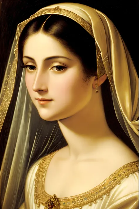 In the portrait "Lady with a veil" Or "A woman in a veil" Raphael, we see a girl in clothes of the XVI century, Renaissance, well-groomed thin eyebrows,, Elegant, sophisticated nose, expressive lips, powdered cheeks with a slight blush, Tidy-up dark hair a...