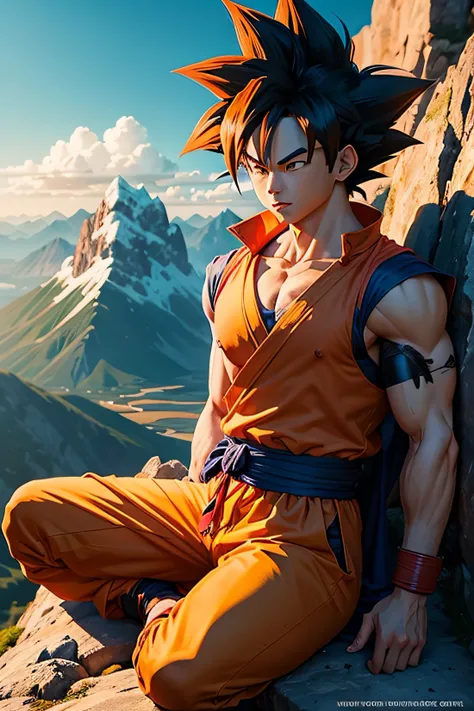 a dramatic scene of Goku on a serene mountaintop, anime like sragon ball super style