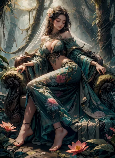 1sexy girl with forest clothes, flowers, leaves, mandalas, fractal,, Sleeping Beauty, showing chubby cleavage, ull body nude street  ize, lente muy ancha, Luz suave,Sleeping Beauty, by Bella🦋 full body, beautiful girl sleeping, full body, black hair, Trans...