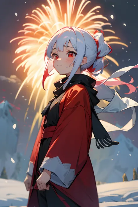 anime young girl looking up at the fireworks, demon slayer art style, white colored hair, small hair, hair tied back, red colored eyes, surprised face, happy smile, blush on cheeks, winter clothes, scarf, red coat, pants, snowy mountains scenery, fireworks...