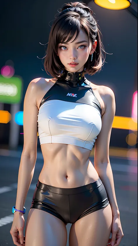 best qualtiy，tmasterpiece，A high resolution，1girl，Woman body defined thighs, cybernetic body parts，Short neon underwear，synth wave neon color clothes, bright clothes, sci-fy，Large breasts，Seductive pose, perfect eyes。A high resolution, 8k, Background bokeh...