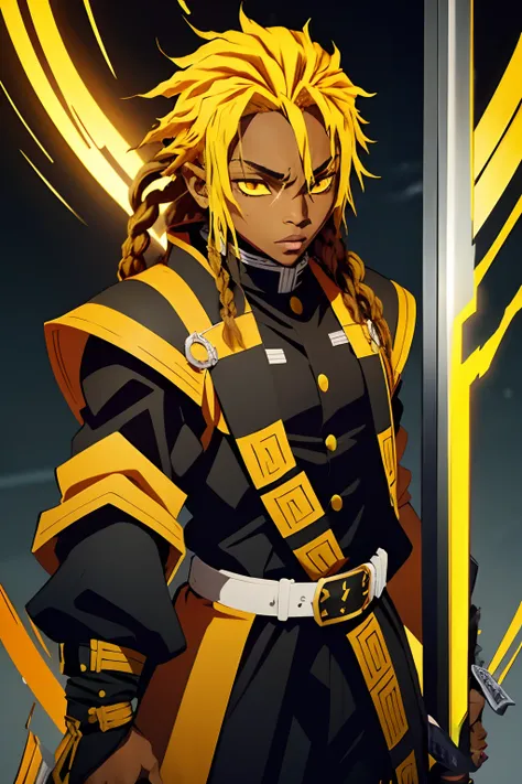 black young man, uniforme demon slayer, Dreads, black and yellow hair, yellow sword, negro, lindo, thunder, thunder eyes