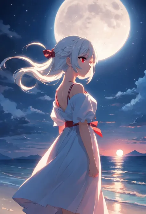 masterpiece, best quality, movie still, 1girl, adult woman, ponytail hair,White hair,hair accessories,red eyes,white and dark blue beautiful dress, moon dress accessories, beach, sea moonset, full moon, night, dynamic light, (sparks:0.7)