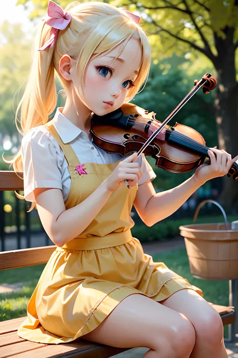 Big eyes blonde twin-tailed Tomoe Mami sits and plays the violin in the park,Yellow Maid Apron,a blond,Pink skirt,Drenched,The upper part of the body,Crowd,Ribbon full