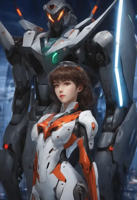 Masterpiece, Best quality, Ultra-detailed, illustration, 1girll, Highly detailed Evangelion costume, (Large robot background), Detailed skin texture, Beautiful detailed face, Intricate details, Ultra detailed