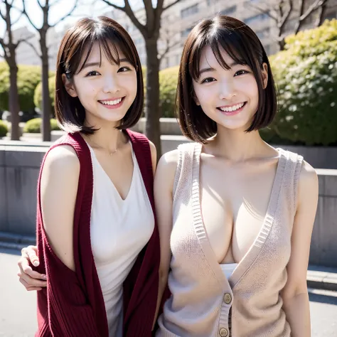 The season is winter、Snow is piling up、Two Japan women taking photos in a park on the Sumida River in Japan、It was a 27-year-old woman.、It was a small breast with loose and fluffy long bob hair、One is a 31-year-old woman with small breasts and long bobs......